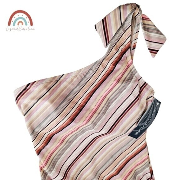 New! Aqua Couture One Shoulder Boho Stripes Tie Knot Bow One Piece Swimsuit - Picture 4 of 12